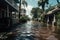 Hurricane flooded houses in a residential area, natural disaster and its consequences