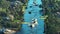 Hurricane Ian flooded street with moving cars and surrounded with water houses in Florida residential area. Consequences