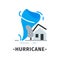 Hurricane icon with blue violent wind whirl, gray house with broken roof and tree. Natural disaster. Flat vector