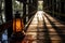 a hurricane lantern casting long shadows on an old wooden bridge