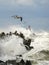 Hurricane scene, a seagull flies over waves and splashes during a storm, selected focus