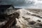 Hurricane storm surge hitting the coastal settlement