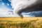 Hurricane, tornado on the horizon and dramatic sky background.