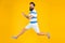 Hurry up. Summer vacation. Man bearded hipster with mustache long beard running yellow background. Guy dressed striped