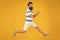 Hurry up. Summer vacation. Man bearded hipster with mustache long beard running yellow background. Guy dressed striped