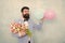 Hurry up to enjoy the spring. bride groom at wedding party. spring bouquet. hipster with beard. love date with flowers