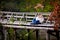 Husband kisses his pregnant wife sitting on a wooden bridge