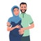 Husband and pregnant wife Arabs hug and smile. Family relation. Romantic feelings and love. Vector illustration