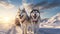 Huskies exitedly running, snowy Arctic landscape on a cold winter day