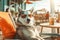 Husky breed dog is resting on the beach with a cocktail. Resort holiday concept with pets. Generative AI