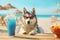 Husky breed dog is resting on the beach with a cocktail. A seaside holiday concept with animals. Generative AI