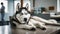 A husky dog with blue eyes laying on a table