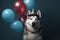 a husky dog with hats and balloons, in the style of photorealistic pastiche, photorealistic. Generative AI