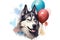 a husky dog with hats and balloons, in the style of photorealistic pastiche, photorealistic. Generative AI