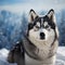 Husky dog poses against a serene snow filled background