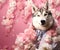 Husky dog puppy in smart suit, surrounded in a surreal garden full of blossom flowers floral landscape