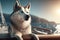 Husky dog is resting on a yacht in sunglasses. Photorealistic image created by artificial intelligence