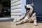 A husky dog yawns widely while lying on the doorstep. A popular breed of dog.