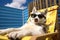 husky dog with yellow sunglasses lounging on a deck chair