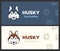 Husky head flat logo vector set. Husky dog sledding. Dog footprints on background.