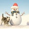 Husky playing happily beside the snowman front view
