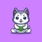 Husky Sitting Reading Book Cute Creative Kawaii Cartoon Mascot Logo