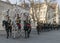 Hussars on horses in front of the Parliament House during the 15 March parade in Budapest, Hungary.