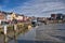 Husum harbor at ebb tide in the marshes, Germany