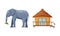 Hut or Cabin with Straw Roof and Huge Elephant Animal as Bali Traditional Cultural Attribute Vector Set