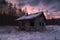 hut lapidated snow shack wooden old sunset purple house mystical background horror sky dramatic winter house ruined forest house