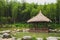 Hut by pond in Lanting Orchid Pavilion scenic area, Shaoxing, China
