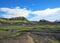 Hvanngil green valley in the highland and Myrdalsjokull glacier, part of the popular hiking trail Laugavegur, Iceland