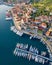 Hvar, Croatia. Aerial view on the old town. Vacation and adventure. Town and sea. Top view from drone at on the old town and azure