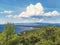 Hvar island in Croatia. Bird view from the mountain. Pine forest, Adriatic sea and a passenger ferry boat