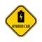 Hybrid car caution sticker. Save energy automobile warning sign.