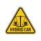 Hybrid car caution sticker. Save energy automobile warning sign. Electric plug and fuel canister icon in yellow triangle