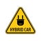 Hybrid car caution sticker. Save energy automobile warning sign. Electric plug icon in yellow and black triangle.