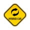 Hybrid car caution sticker. Save energy automobile warning sign. Recycle icon in yellow and black rhombus.