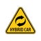 Hybrid car caution sticker. Save energy automobile warning sign. Recycle icon in yellow and black triangle.