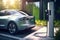 A hybrid electric car silently charging at a charging station. The car uses clean energy without harming the environment