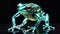 hybrid frog with orange eyes explores artificial jungle, futuristic symphony in motion – blue skin transparancy