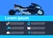 Hybrid motorcycle infographic sport electric speed motorbike technical specifications on blue background flat