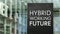 Hybrid working future sign in front of a modern office building