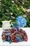 Hydrangea flower wreath on a garden table