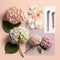 Hydrangea flowers with makeup brushes collage