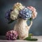 Hydrangeas in a vintage pitcher. Mother\\\'s Day Flowers Design concept