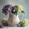 Hydrangeas in a vintage pitcher. Mother\\\'s Day Flowers Design concept