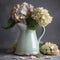 Hydrangeas in a vintage pitcher. Mother\\\'s Day Flowers Design concept