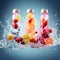 Hydration Elation: Dynamic Assembly in Soft Light, Vibrant Mixing Action, Textured Ingredients, Sporty Bottles with Ice and Fruit