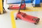 Hydraulic jack for lifting up car and vehicle in repairing garage workshop service center. Tool and equipment of automotive